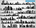 Set of cityscape silhouettes on a light gray background.